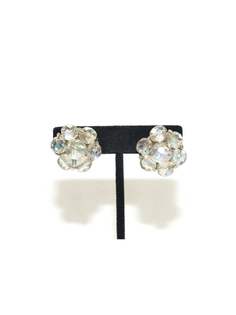 Vintage Aurora Borealis Clear Iridescent Glass Beads Floral Screw Back Earrings.
